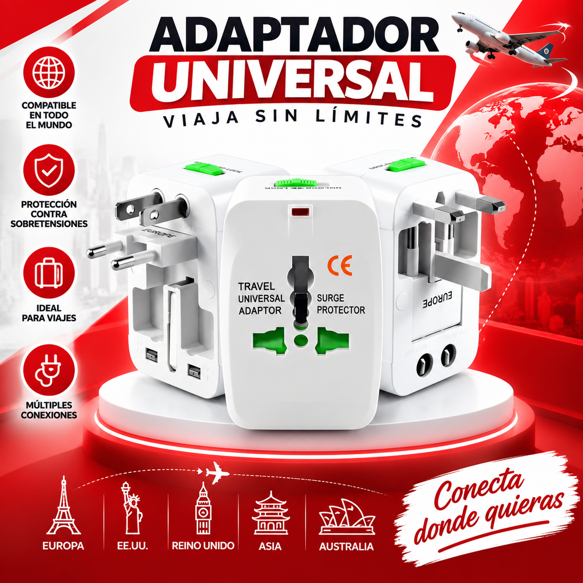 Voltix™ | Adaptador Universal de Viaje con Protección Contra Sobretensiones
