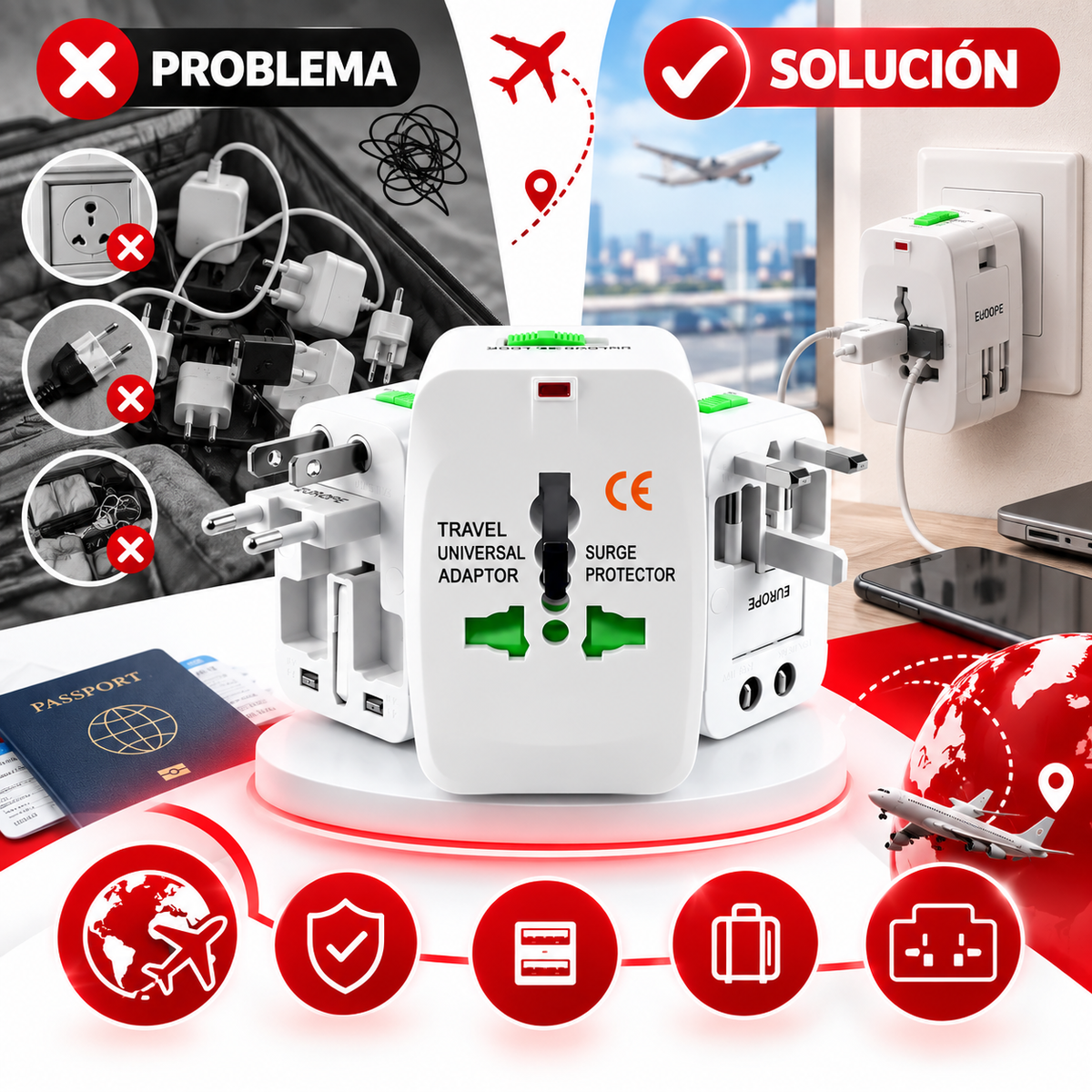 Voltix™ | Adaptador Universal de Viaje con Protección Contra Sobretensiones